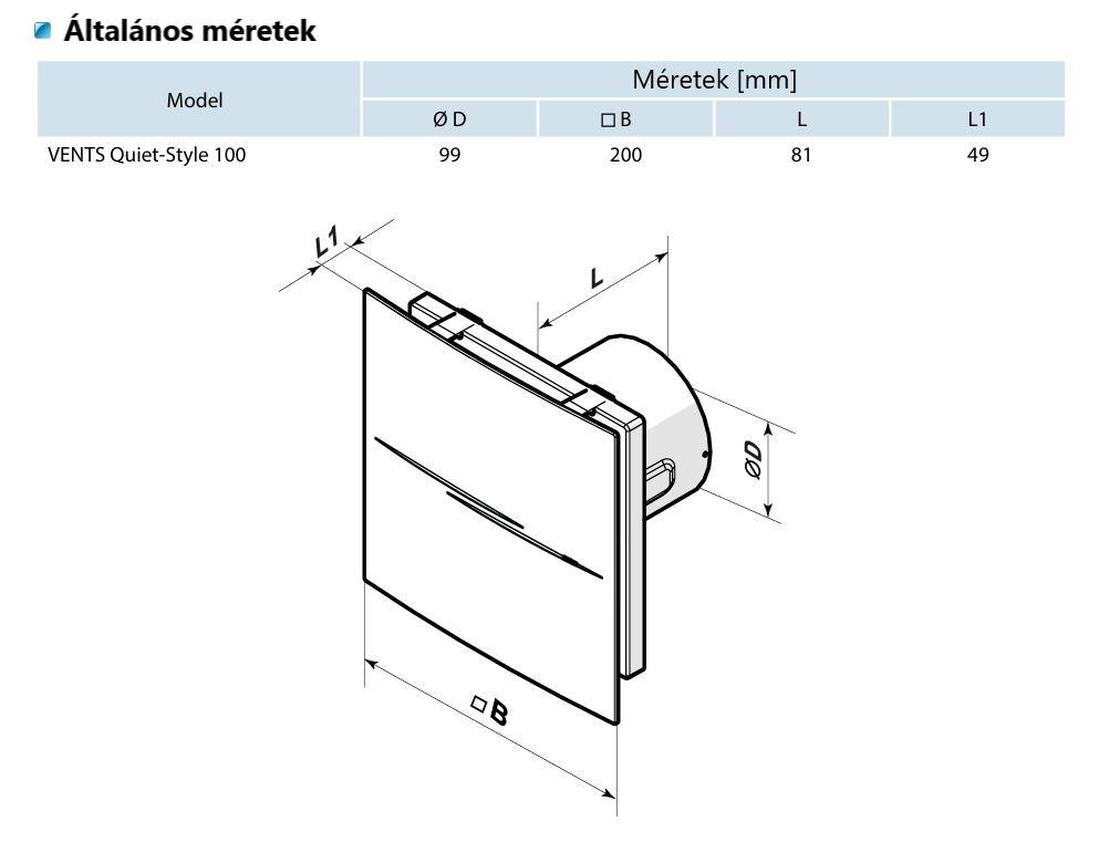Vents Quiet-Style méretek