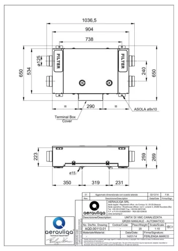 AERAULIQA QR-180 A KÖZPONTI HŐVISSZANYERŐS SZELLŐZTETŐ / 209 M3/H / 130M2-IG