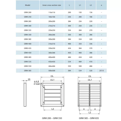 Vents GRM 350 gravitációs zsalus fém keretes szellőzőrács 266x266mm