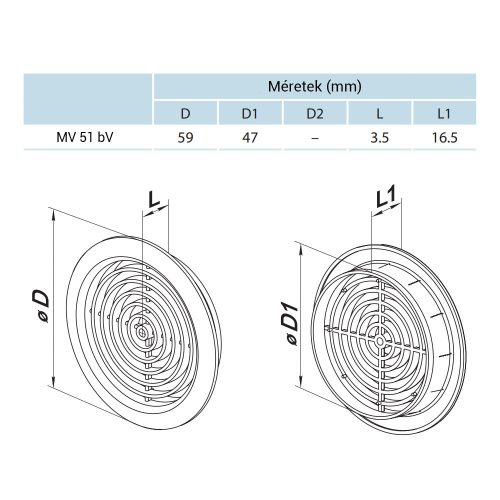 Vents MV 51/2 BVS kerek fehér szellőzőrács szúnyoghálóval 50mm