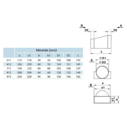 Vents 711 P műanyag légcsatorna átalakító 60x120-100mm