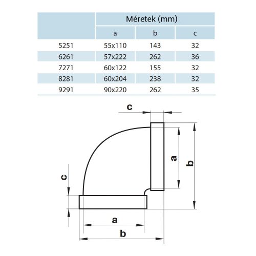 Vents 7271 P vízszintes könyök 90 fokos idom lapos légcsatornához 60x120mm