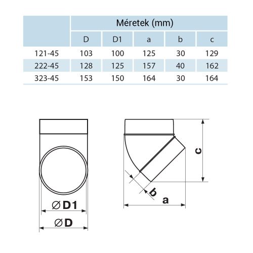 Vents 222-45 műanyag körcsatorna könyök 45 fokos idom 125mm